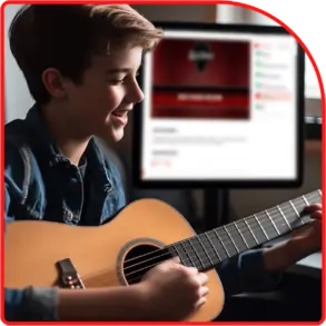 A young student playing an electric guitar